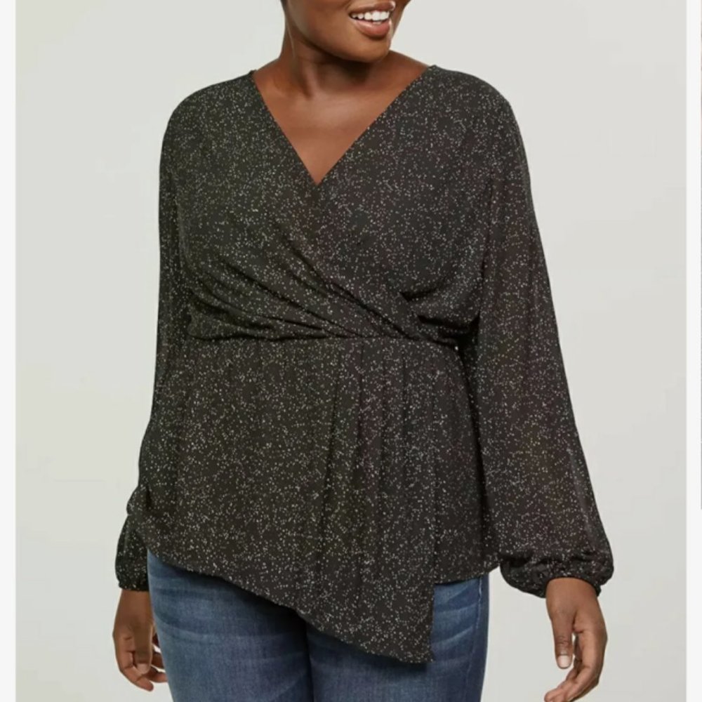 Lane‎ Bryant Faux Wrap Top Plus 24 Black w/ Gold Foil Dots V-Neck Puffy Sleeves